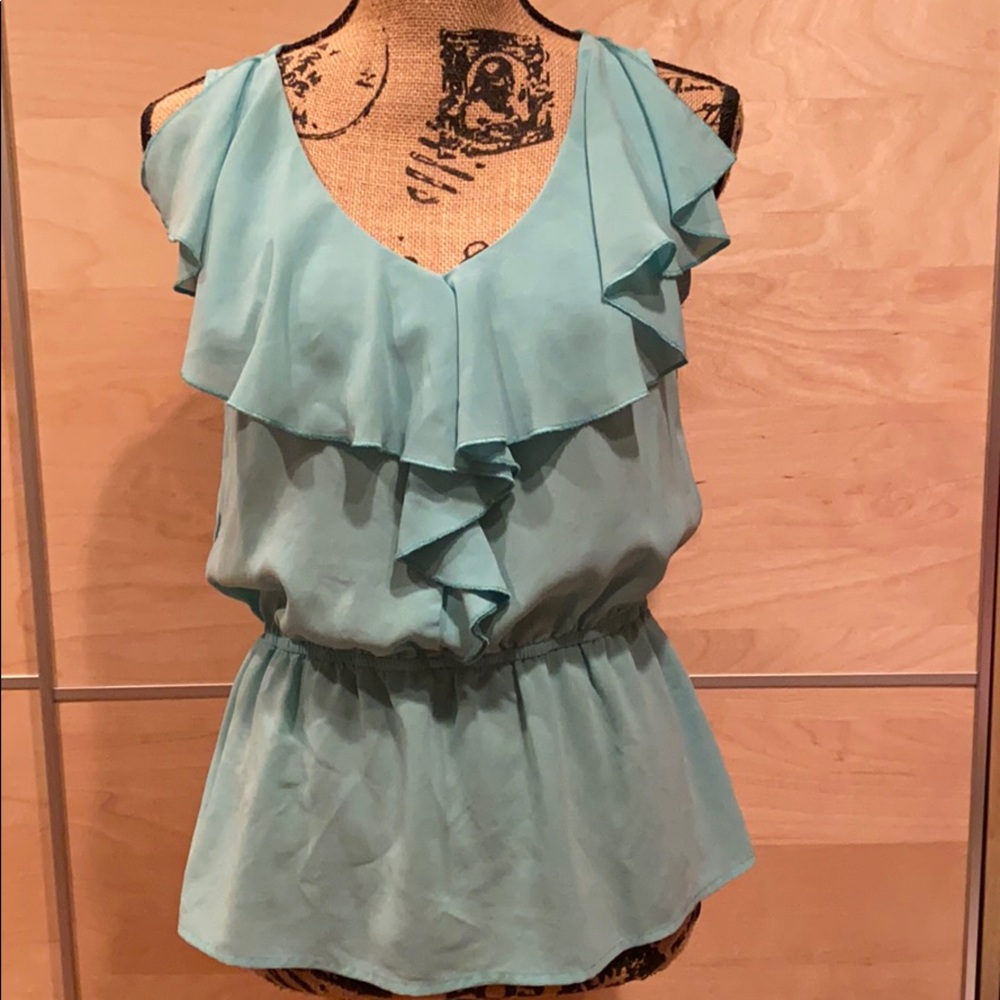 Teal ruffle sleeveless blouse